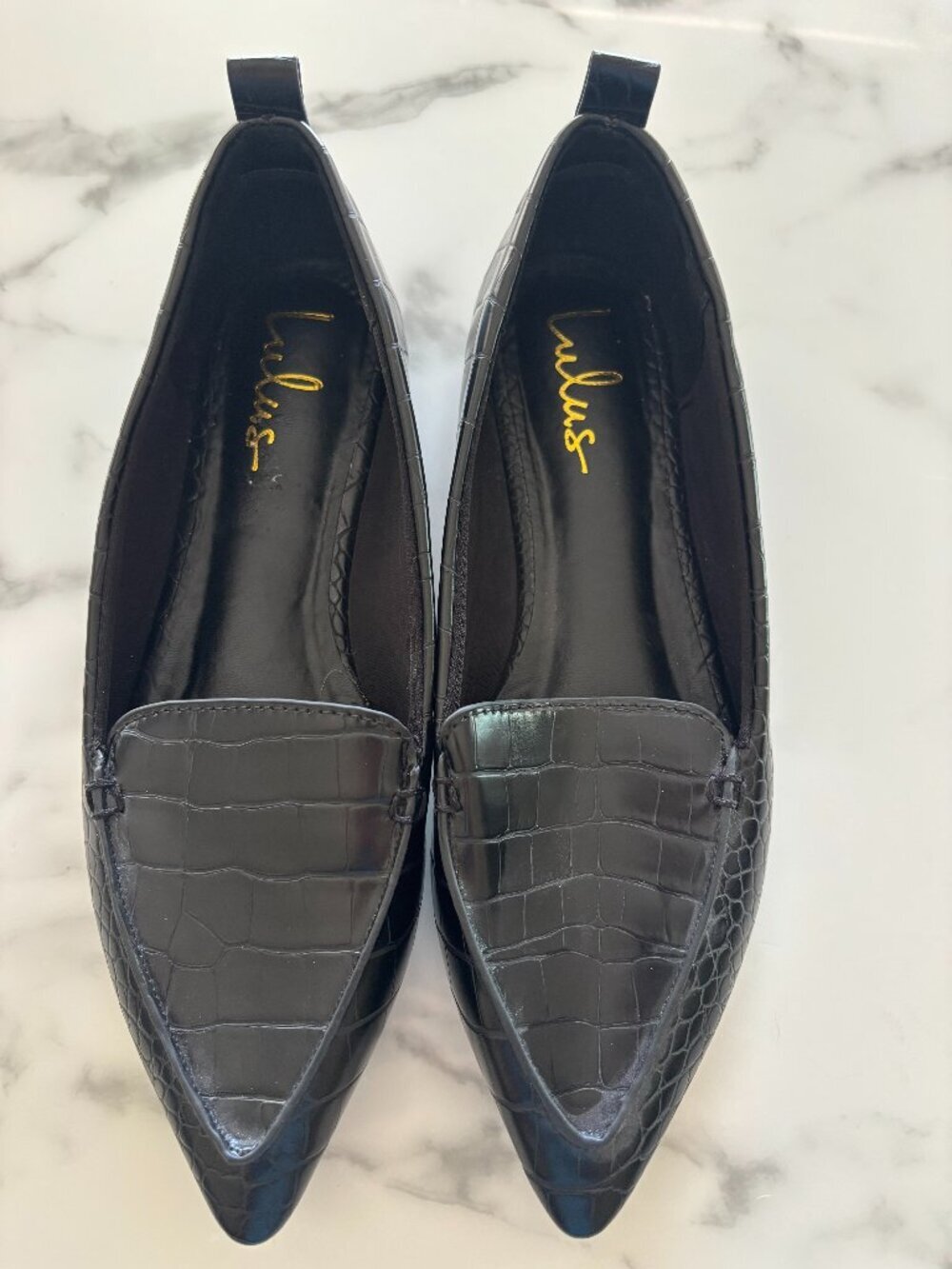 Lulus Emmy Black Croc Embossed Pointed Toe Loafer Flats Size 9 Vegan Flat